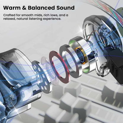 Exploded view of AUDIOCULAR BR Pro IEM components showing warm, balanced sound with advanced acoustic engineering.