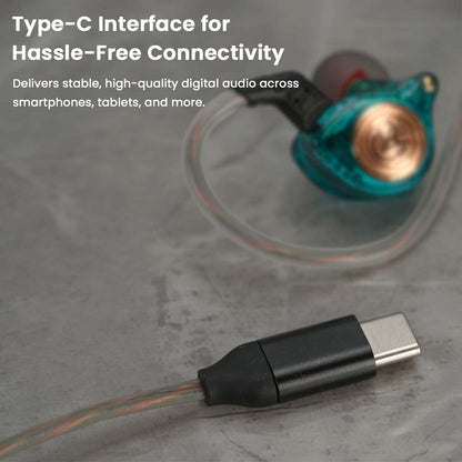 Type-C plug of teal AUDIOCULAR BR Pro IEM offers hassle-free connectivity with high-quality digital audio for modern devices.