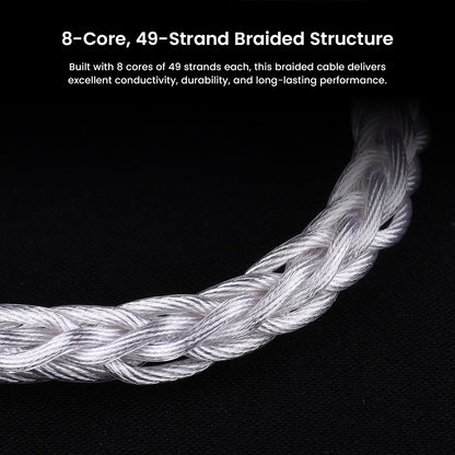 Close-up of AUDIOCULAR C12's 8-core, 49-strand braided structure showcasing premium build quality for durability and superior audio performance.
