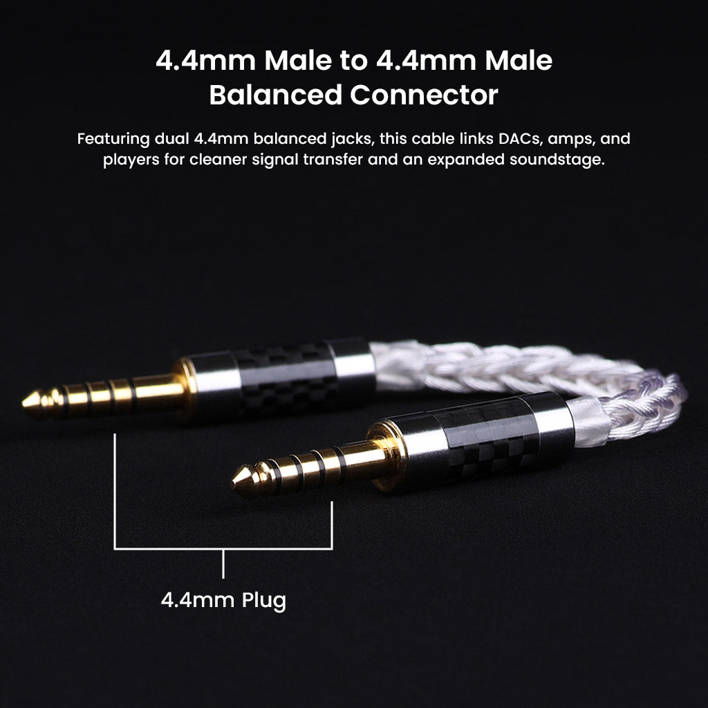 Detailed view of AUDIOCULAR C12's dual 4.4mm male balanced connectors for clean signal transfer between DACs, amps, and audio players.