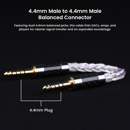 Detailed view of AUDIOCULAR C12's dual 4.4mm male balanced connectors for clean signal transfer between DACs, amps, and audio players.
