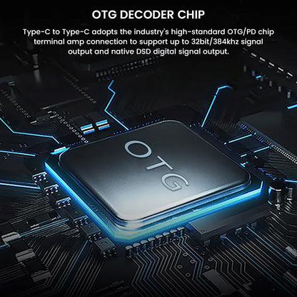 Close-up of OTG decoder chip enabling 32bit/384kHz signal output and native DSD digital audio with Audiocular C13 cable.