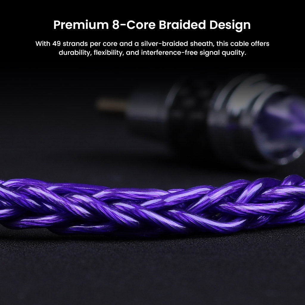 Macro view of AUDIOCULAR - C14 cable's 8-core braided structure with 49 strands per core for interference-free, high-fidelity audio signal.