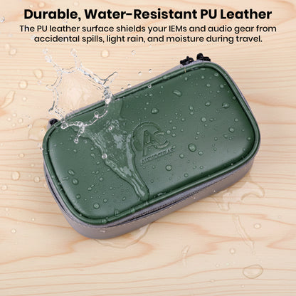 Water-resistant PU leather surface of AUDIOCULAR CRATE case protects audio gear from spills, moisture, and light rain.