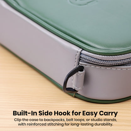 AUDIOCULAR CRATE case with built-in side hook for easy attachment to backpacks or belts, designed for portability and durability.