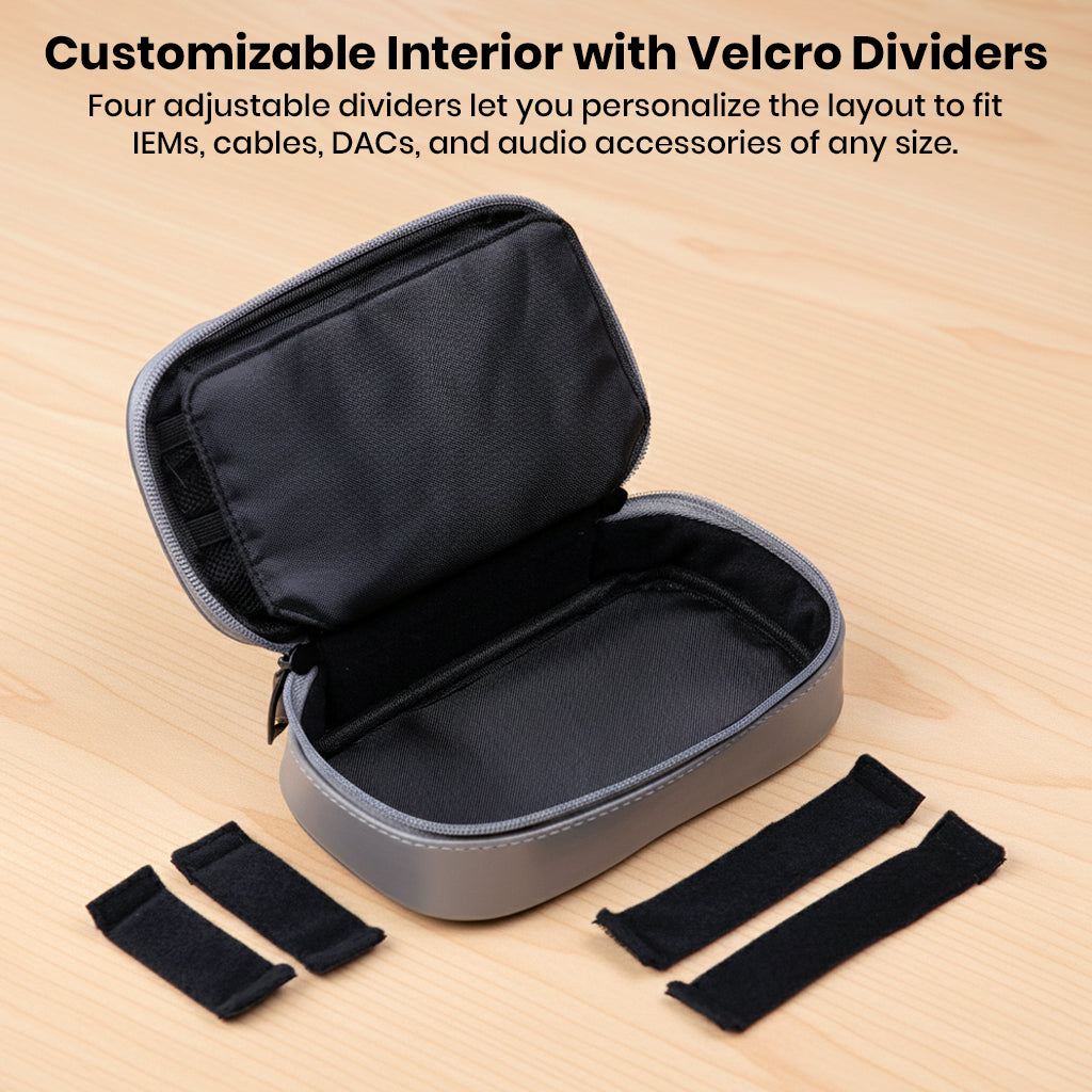 Customizable AUDIOCULAR CRATE interior with Velcro dividers for flexible storage of IEMs, cables, and audio accessories.