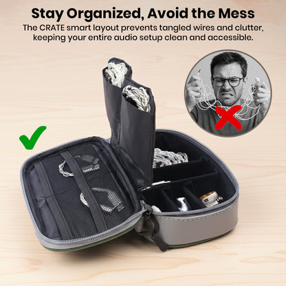 AUDIOCULAR CRATE case prevents tangled wires with smart compartments, ideal for organizing IEMs, DACs, and cables efficiently.