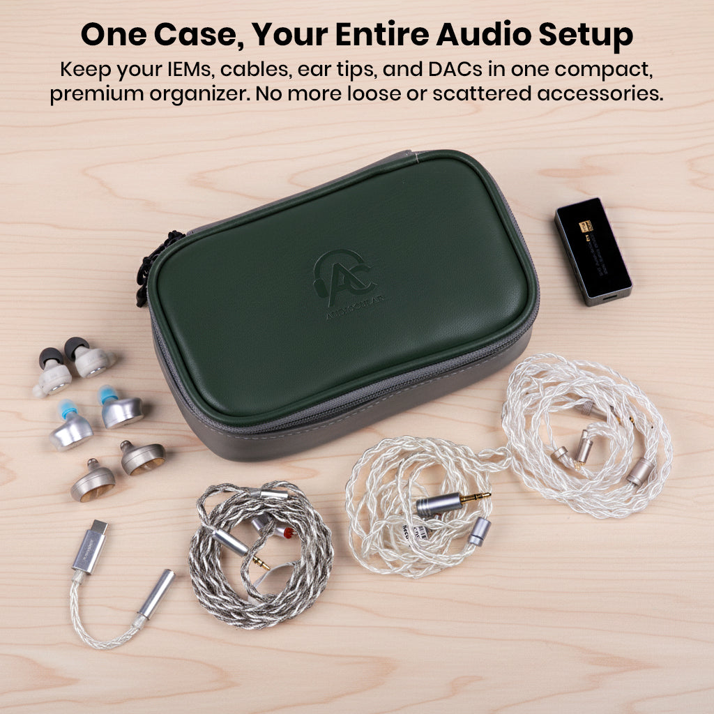 AUDIOCULAR CRATE case holds entire audio setup including IEMs, ear tips, cables, and DACs in one compact, premium organizer.