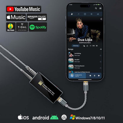 Audiocular HA04 Pro DAC Amp supports iOS, Android, Windows, and streaming apps like Spotify and Tidal for versatile audio playback.