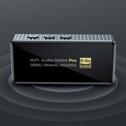 Front view of Audiocular HA04 Pro DAC Amp with Hi-Res Audio logo, offering 32Bit/384kHz DSD256 playback and 500mW output.