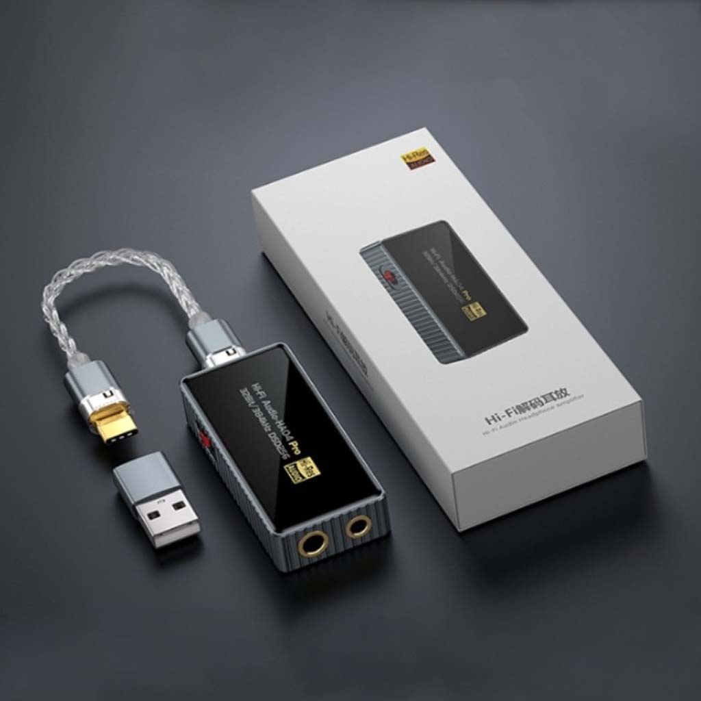 Audiocular HA04 Pro DAC Amp unboxed with USB adapter and braided cable, ideal for portable high-resolution audio setups.