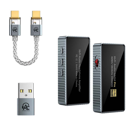Audiocular HA04 Pro DAC Amp with USB adapter and braided cable, delivering 500mW output for high-resolution portable audio performance.