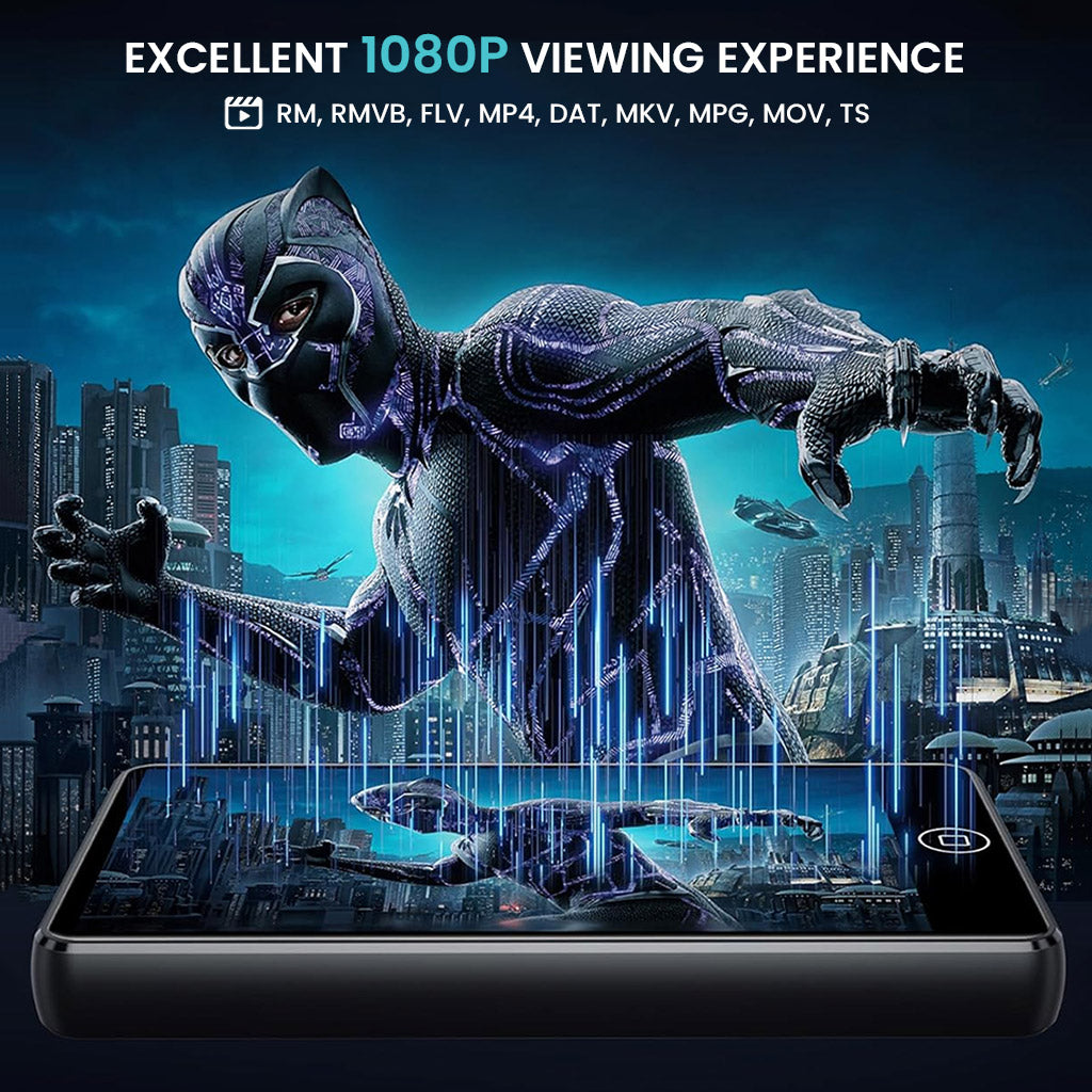 AUDIOCULAR M302 MP3 player with 1080p video playback support for formats like MP4, MKV, and MOV, shown playing a high-definition action movie.