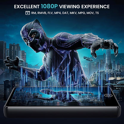 AUDIOCULAR M302 MP3 player with 1080p video playback support for formats like MP4, MKV, and MOV, shown playing a high-definition action movie.