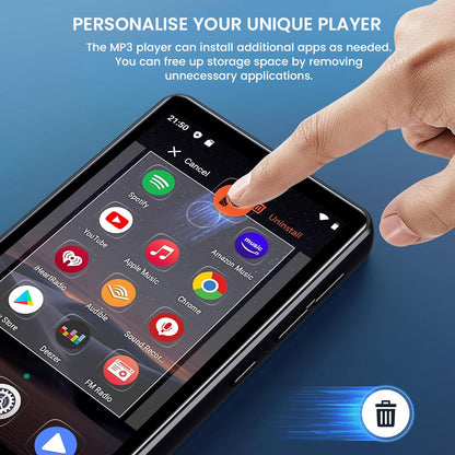 Customize the AUDIOCULAR M302 MP3 player by uninstalling apps to free up space, shown with a finger dragging an app to the trash icon.