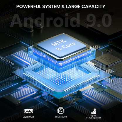 CPU with 'MTK & Core' text on a circuit board, featuring 'Android 9.0', '2GB RAM', '16GB ROM', and '512GB expansion' text.
