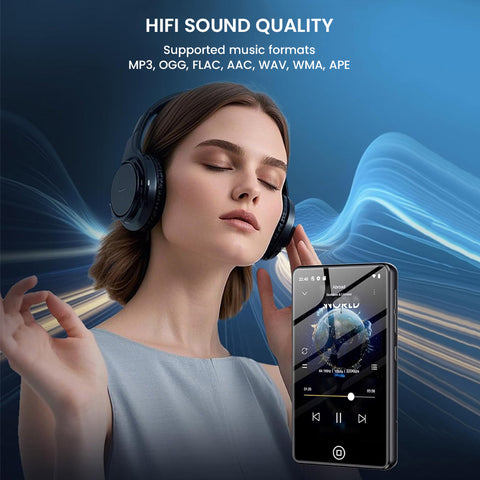 HiFi sound quality on the AUDIOCULAR M302 MP3 player, supporting MP3, FLAC, WAV, and more, shown with a woman enjoying music on headphones.