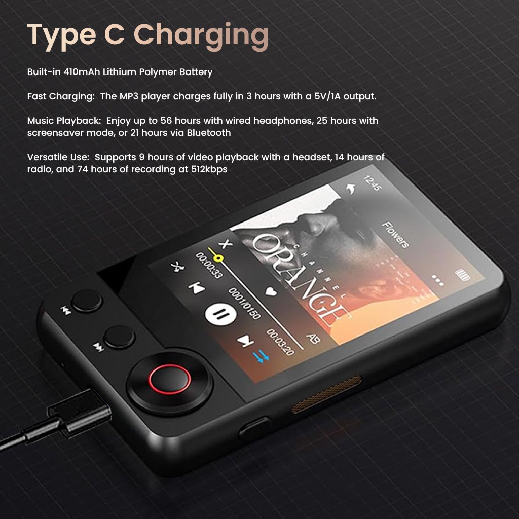AUDIOCULAR M71 Mp3 Player with Type C charging and 410mAh battery supports fast charging and long playback for music, video, and recording.