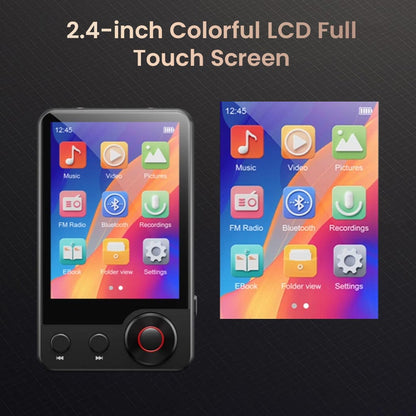 AUDIOCULAR M71 Mp3 Player featuring a 2.4-inch colorful LCD full touch screen with icons for music, video, FM radio, and more in a compact design.