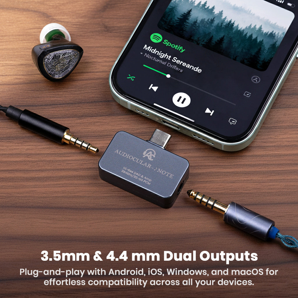 AUDIOCULAR - NOTE Hi-Res Portable DAC & Amp with 3.5mm and 4.4mm dual outputs, compatible with Android, iOS, Windows, and macOS devices for versatile use.