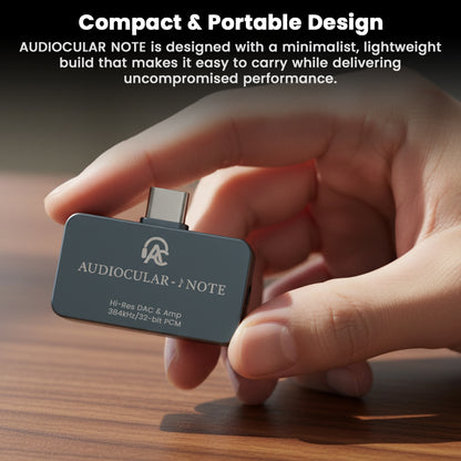 Compact and lightweight AUDIOCULAR - NOTE Hi-Res Portable DAC & Amp designed for portability without compromising high-resolution audio performance.