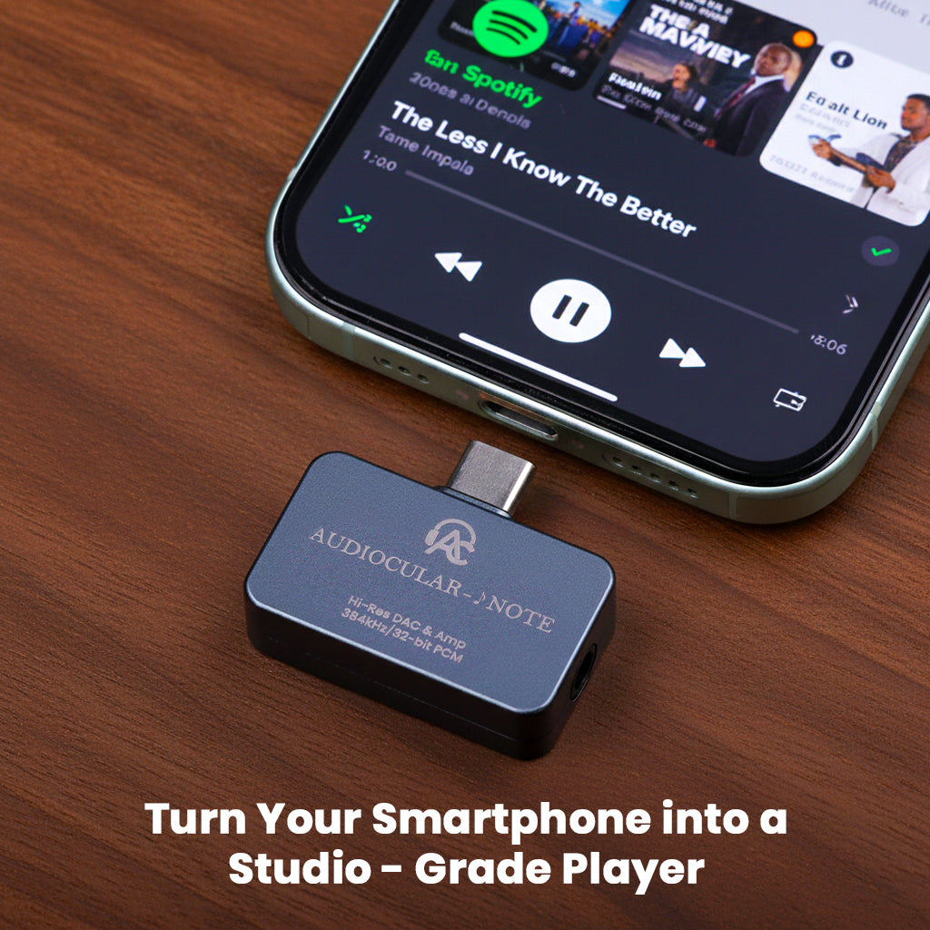 AUDIOCULAR - NOTE Hi-Res Portable DAC & Amp connected to a smartphone, transforming it into a studio-grade audio player for premium sound quality.