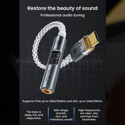 AUDIOCULAR SPARK DAC dongle supports 32bit/384kHz PCM and 24bit/96kHz ADC, offering rich bass, smooth mids, and clear highs.