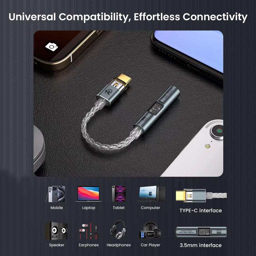 AUDIOCULAR SPARK Hi-Res DAC dongle with universal compatibility for mobile, laptop, tablet, and more via Type-C and 3.5mm interface.