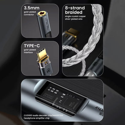 Close-up of AUDIOCULAR SPARK DAC dongle showing 3.5mm and Type-C gold-plated connectors, 8-strand braided cable, and internal chip layout.