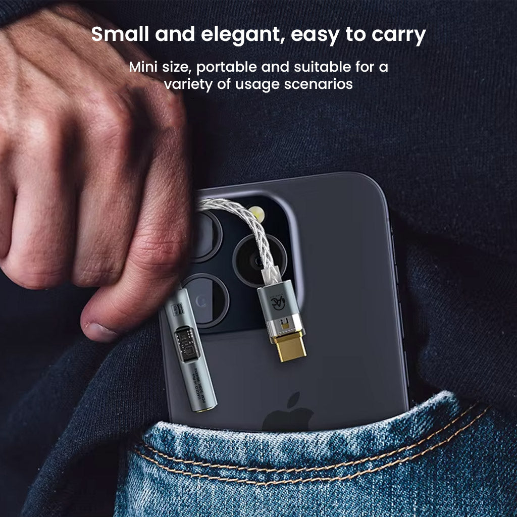 Portable AUDIOCULAR SPARK Hi-Res DAC dongle fits easily in a pocket, ideal for on-the-go high-resolution audio listening.