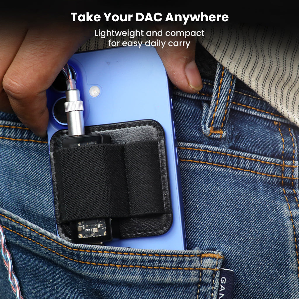 Compact AUDIOCULAR DAC Holder clipped to phone and easily fitting into jeans pocket, ideal for portable and daily DAC use.