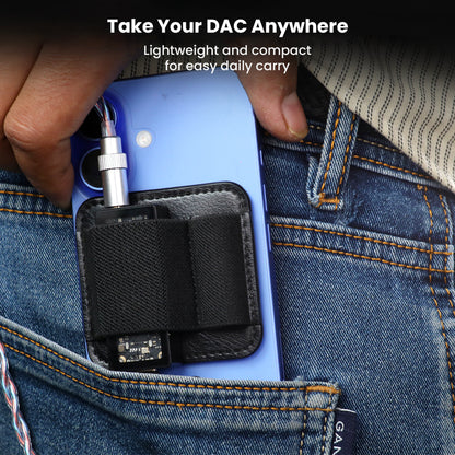 Compact AUDIOCULAR DAC Holder clipped to phone and easily fitting into jeans pocket, ideal for portable and daily DAC use.