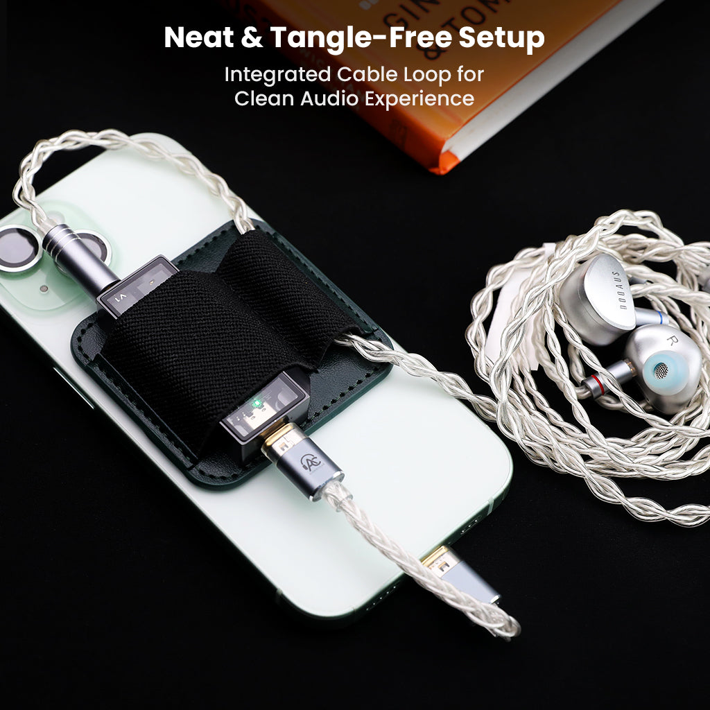 AUDIOCULAR MagSafe DAC Holster with integrated cable loop for a neat, tangle-free audio setup on smartphones using USB DACs.