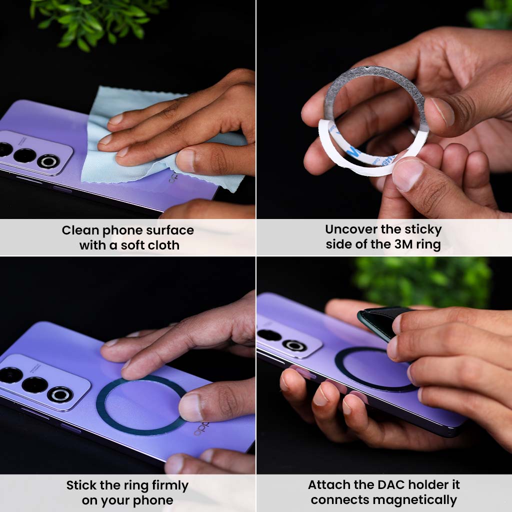 Step-by-step guide showing how to install AUDIOCULAR DAC Holder using 3M adhesive ring on non-MagSafe smartphones for secure attachment.