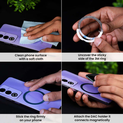 Step-by-step guide showing how to install AUDIOCULAR DAC Holder using 3M adhesive ring on non-MagSafe smartphones for secure attachment.
