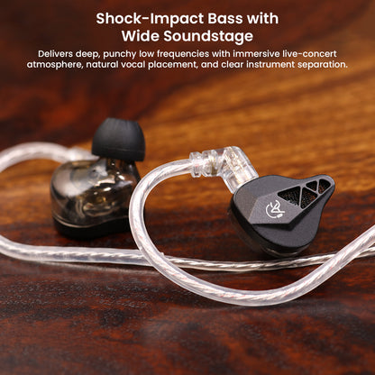 In-ear monitor with shock-impact bass and wide soundstage