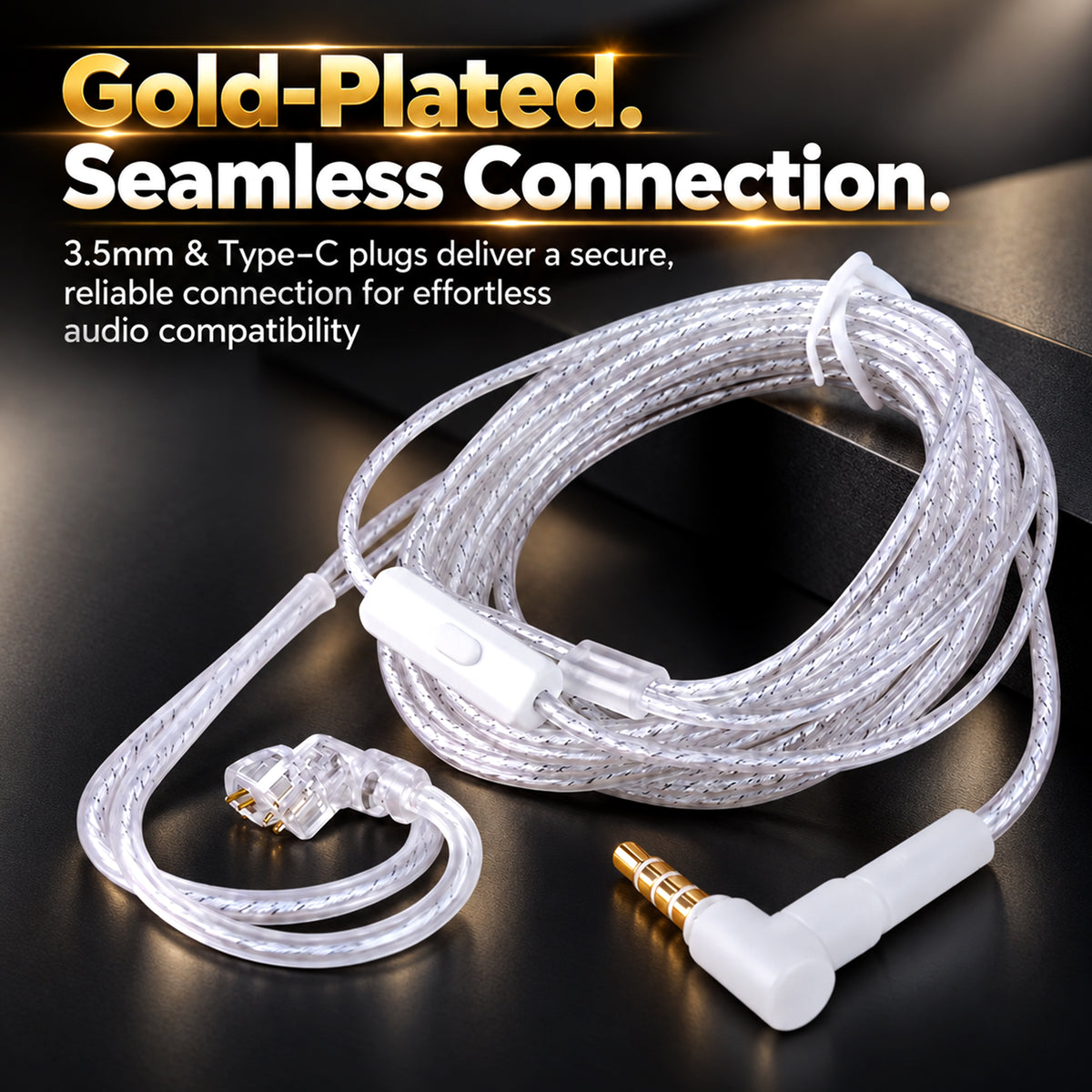 Coiled silver-plated cable with USB Type-C and 3.5mm connectors, highlighted by gold accents, resting on a sleek black surface.