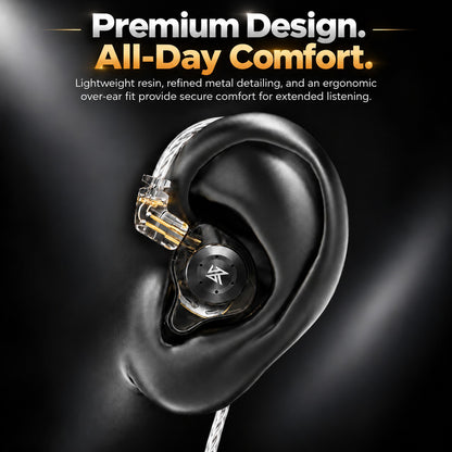 Black and green in-ear monitors with transparent casing, silver accents, and detachable cables, designed for premium audio experience.