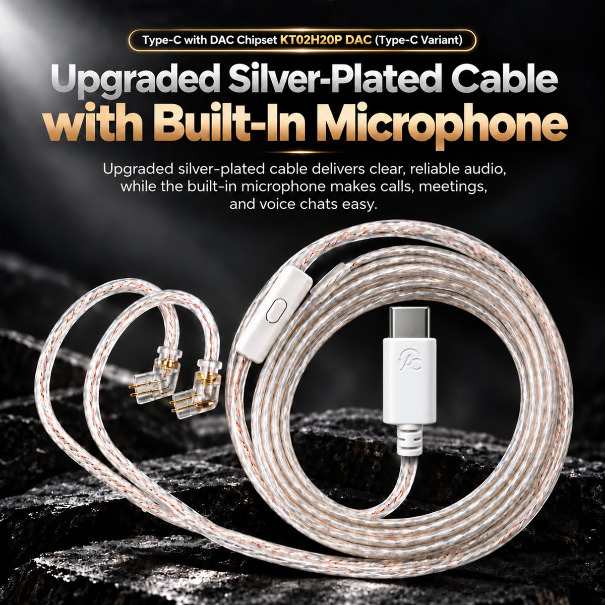 Close-up of transparent silver-plated cable with built-in microphone, featuring white and copper accents, coiled on a dark surface.