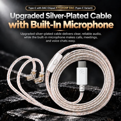 Close-up of transparent silver-plated cable with built-in microphone, featuring white and copper accents, coiled on a dark surface.