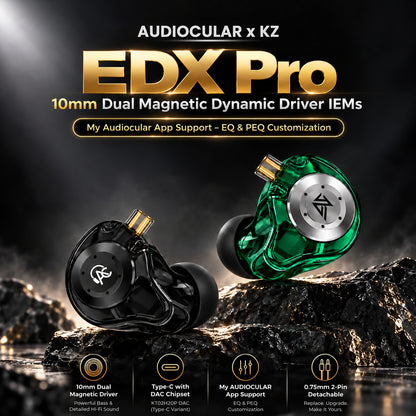 Promotional image of AUDIOCULAR x KZ EDX Pro in-ear monitors with black and green transparent shells, highlighting features and app support.