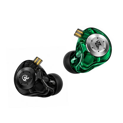 Close-up of green transparent in-ear monitors with silver circular faceplate and black ear tips, showcasing high-quality audio components.