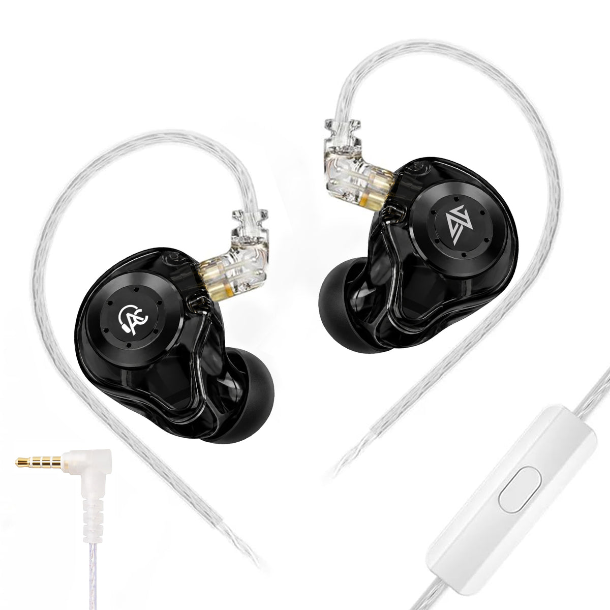 Black AUDIOCULAR x KZ EDX Pro in-ear monitors with transparent cables, 10mm dynamic drivers, and silver logo on the earbud face, connected to a white smartphone.