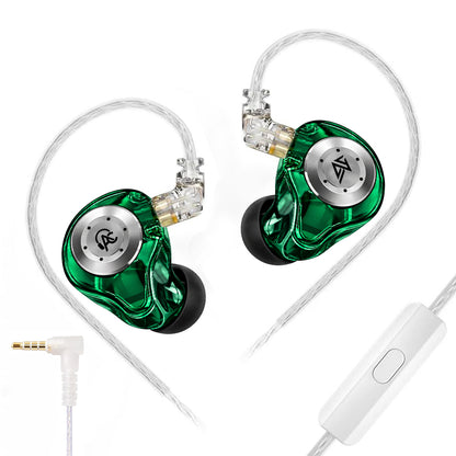 Close-up of green transparent in-ear monitors with silver circular faceplate and black ear tips, connected by clear cable with 3.5mm jack, on white background