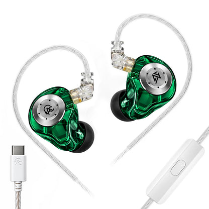 Black and green in-ear monitors with detachable cables, shown with white audio jack and accessories, emphasizing premium design and comfort.