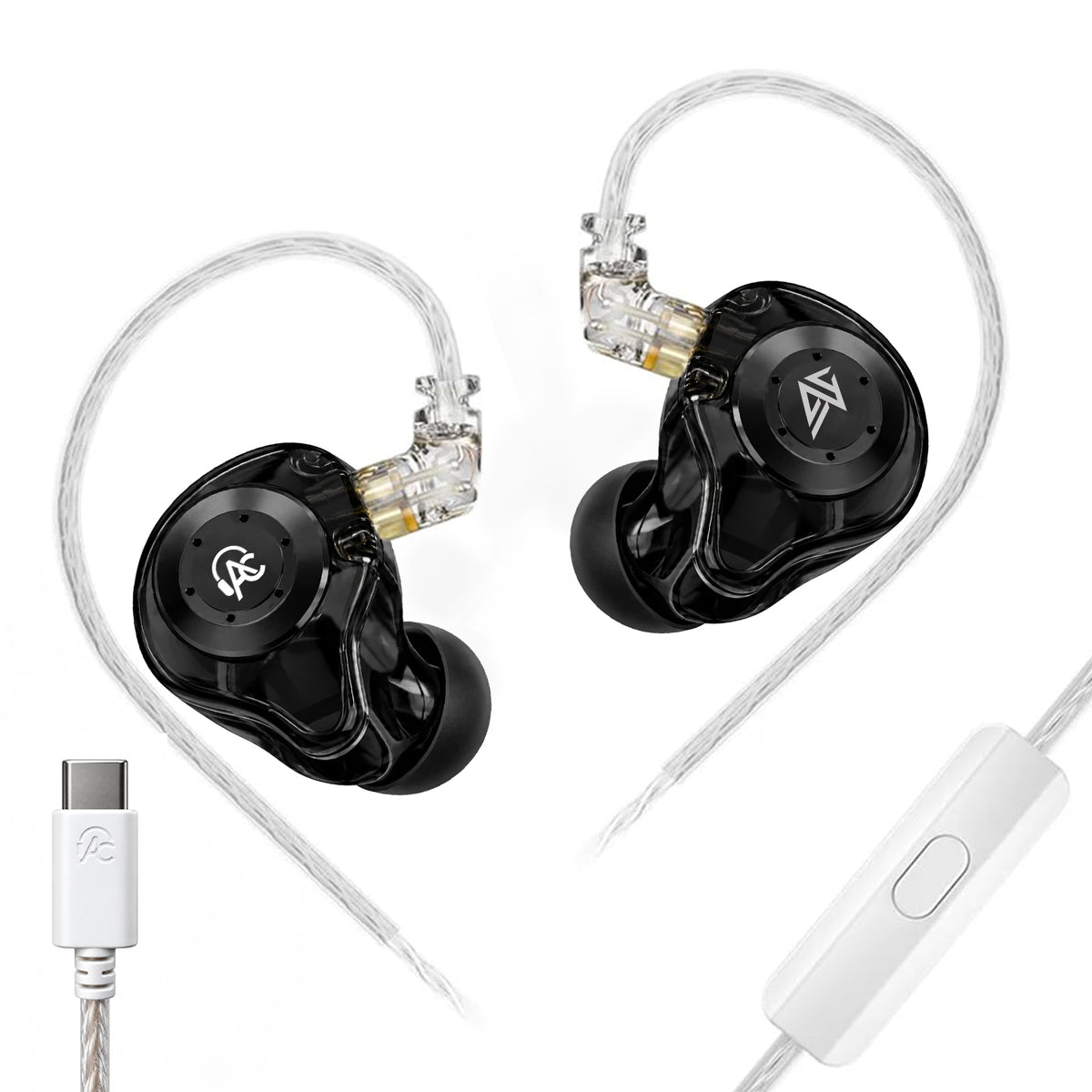 Close-up of black in-ear monitors with transparent cables, featuring the AUDIOCULAR logo on the faceplate, on a white background.