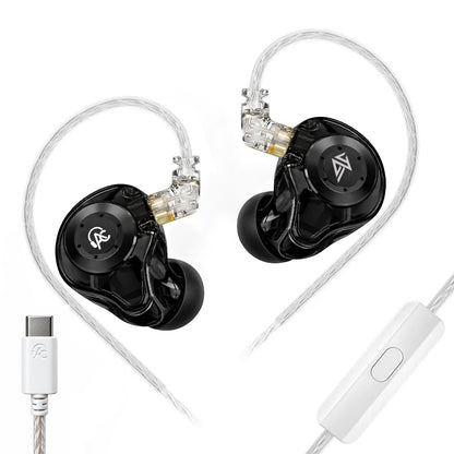 Close-up of black in-ear monitors with transparent cables, featuring the AUDIOCULAR logo on the faceplate, on a white background.