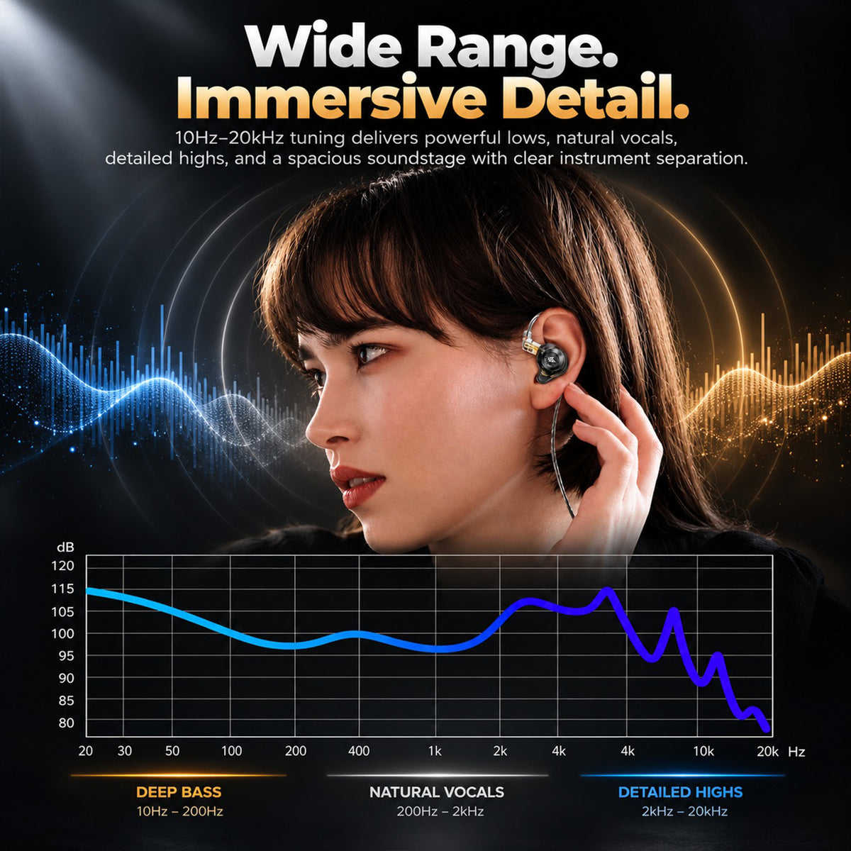 Graph illustrating frequency response with deep bass, natural vocals, and detailed highs, emphasizing high-quality audio performance.
