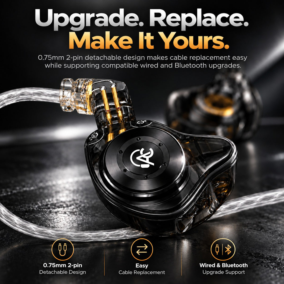 Black and gold in-ear monitors with detachable cable, showcasing a sleek, high-tech design, against a dark background with golden accents.