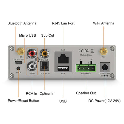Rear view of Arylic A50+ showing labeled ports including RCA, optical in, sub out, LAN, USB, and speaker outputs for versatile connectivity.